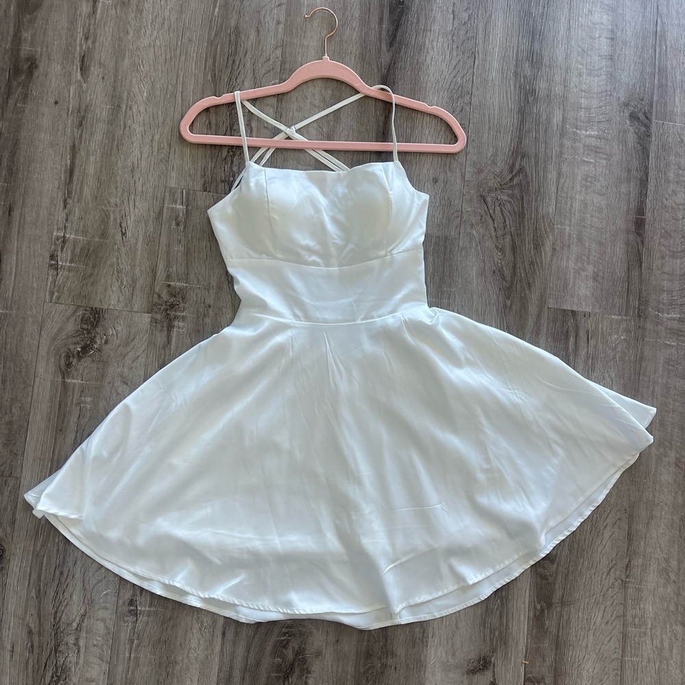 Altar’d State Kylen White Satin Lace Up Back Mini Strappy Dress